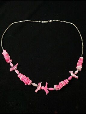 Vintage Zuni Style Liquid Silver Pink Shell Bird Fetish Necklace 1743